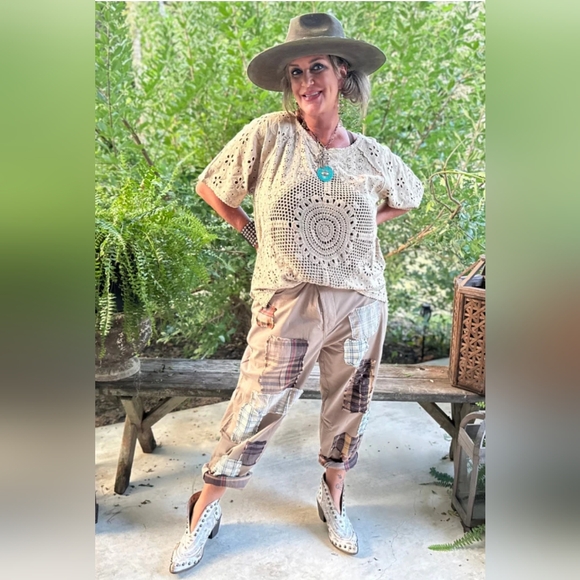 Cottagecore Traveling On Pants Khaki with Plaid Patches - Picture 2 of 4